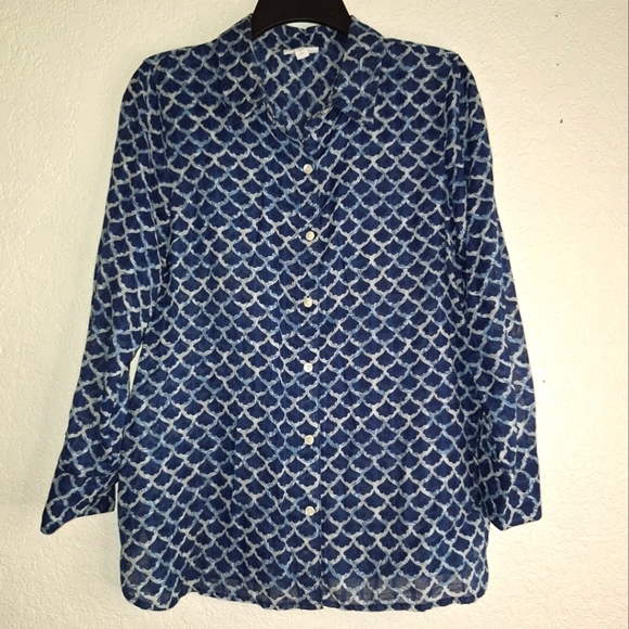 J Jill Blue Button Down Tunic Shirt W/Pockets Semi Sheer Petite Small - Picture 1 of 8